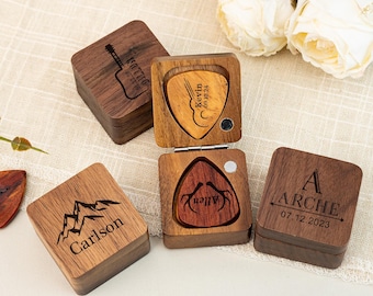 Personalized Wooden Guitar Picks Box, Engraved Guitar Pick Holder Storage, Wood Guitar Plectrum Organizer Case, Gift for Guitarist Musician