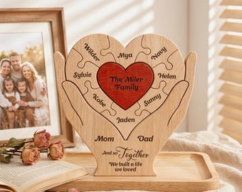 The Piece That Holds Us Together Wooden Heart Family Puzzle, Personalized Engraved Puzzle for Mom Dad, Wooden Keepsake from Kids
