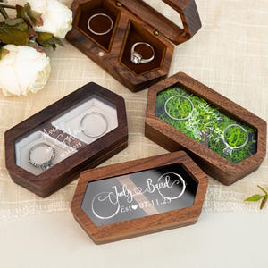 Boîte à bagues personnalisée avec couvercle en acrylique transparent, boîte à bagues en bois avec 2 fentes, support pour bagues de cérémonie de mariage, boîte à bagues pour proposition de fiançailles