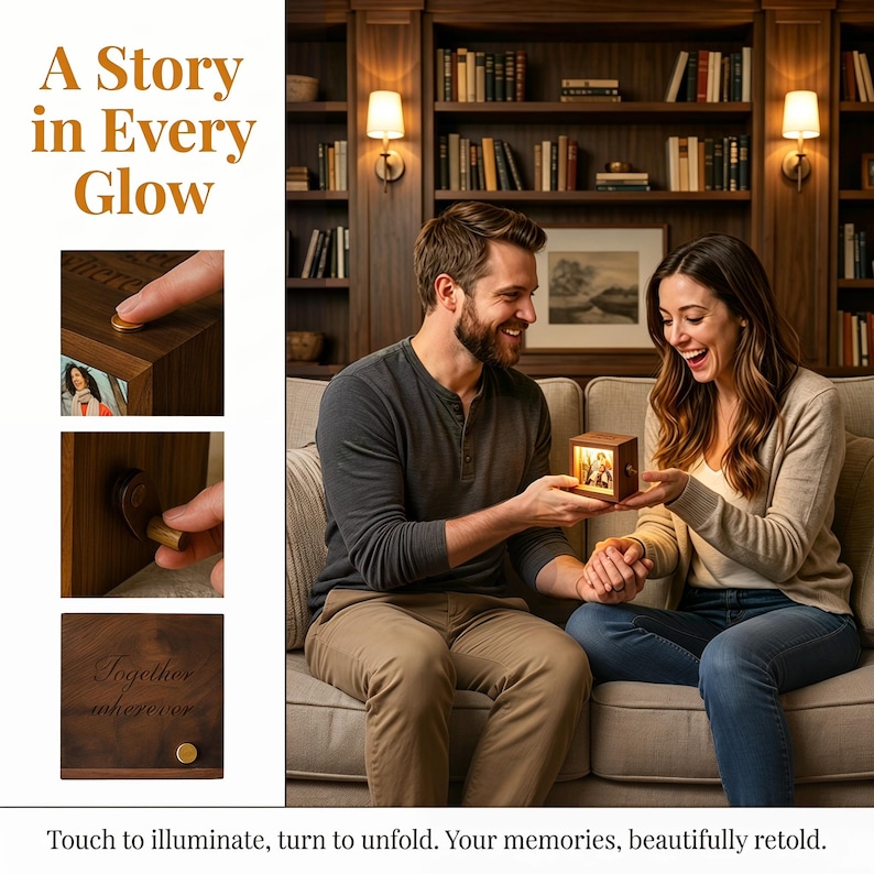 May include: A wooden cube with a photo inside is held by a couple on a sofa. The cube has a gold-coloured button and a small handle. The text "A Story in Every Glow" is at the top, and "Together wherever" is engraved.