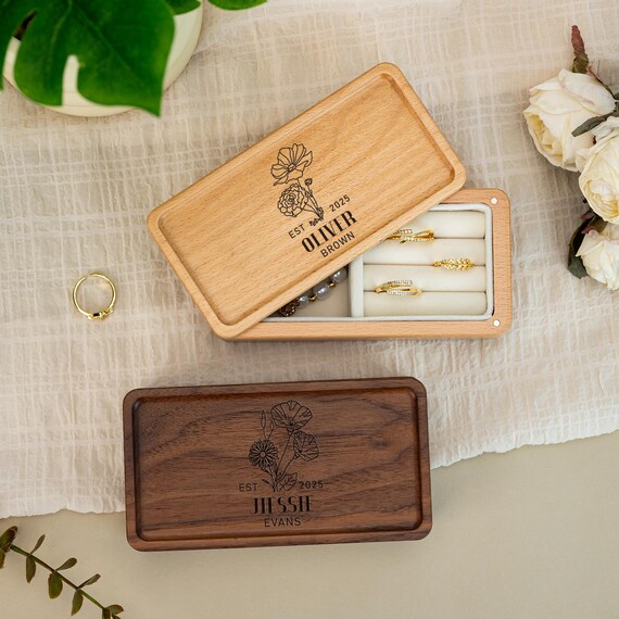 Personalized Wooden Jewelry Box, Birth Flower Jewelry Box