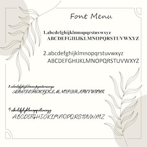 May include: A Font Menu graphic showcasing four distinct font styles in uppercase and lowercase. The text is black on a cream background, complemented by decorative leaf illustrations.