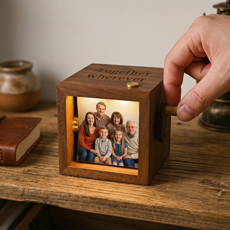 May include: A wooden photo cube displaying a family portrait, lit from within. The cube is engraved with the words "Together wherever". A hand turns a wooden crank. The cube rests on a wooden surface, with a small book and vase nearby.