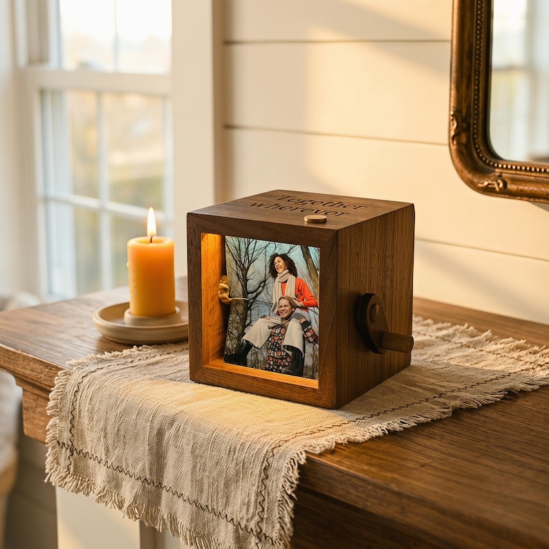 May include: A wooden photo cube displaying a picture of two people, lit from inside. The cube is engraved with the words "Together Wherever". A lit candle sits on a small plate to the left. The cube rests on a wooden table, with a decorative runner.