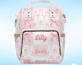 Personalized Pink Coquette Diaper Backpack - Toile Bow Bag