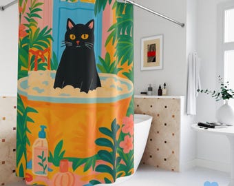 Black Cat in Bathtub Shower Curtain - Matisse Pink Tropical Floral Bathroom Decor