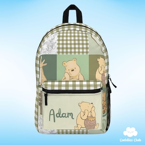 Personalized Pooh Bear Backpack for Kids | Pooh Nursery | Gift | Cartoon School Bag | Travel Backpack | Back To School | Sage Bag | Gingham