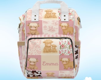 Personalized Highland Cow Diaper Bag - Pink Nursery Decor