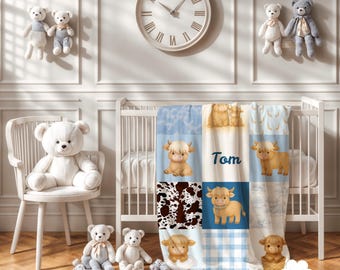 Personalized Highland Cow Baby Blanket - Blue Nursery Decor
