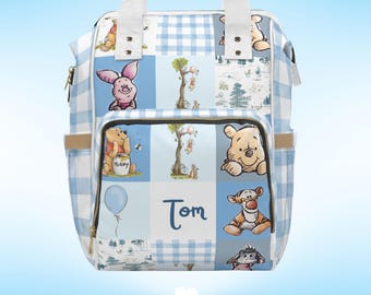 Personalized Pooh Diaper Backpack - Blue Nursery Bag