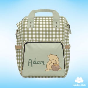 Personalized Pooh Diaper Backpack | Pooh Bear Diaper Bag | Pooh Nursery | Pooh Gift | Sage Bag | Sage Nursery | Hospital Gift | Sage Gingahm