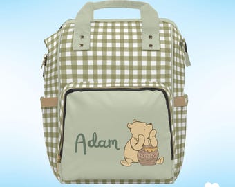 Personalized Pooh Diaper Backpack - Sage Green Nursery Bag