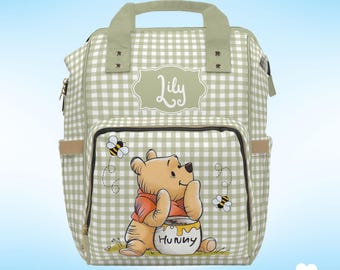 Personalized Pooh Diaper Backpack - Sage Green Nursery Bag
