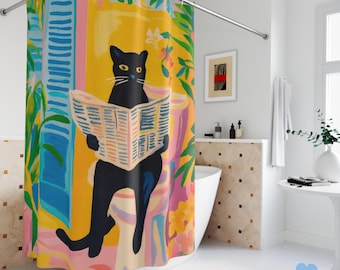 Black Cat Shower Curtain - Matisse Pink Tropical Floral Bathroom Decor