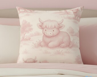 Highland Cow Nursery Pillow - Pink Farmhouse Decor