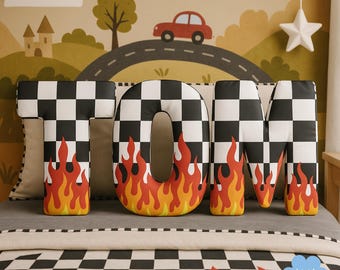 Personalized Car Racing Letter Pillow - Checkered Flame Decor