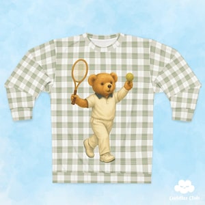 Camiseta de tênis com estampa de urso para adultos | Moletom xadrez de manga comprida | Camiseta de tênis retrô com estampa de urso de pelúcia | Roupas esportivas vintage fofas para homens e mulheres