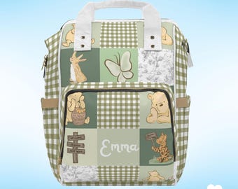Personalized Pooh Bear Diaper Backpack - Sage Green Nursery Bag