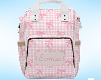 Personalized Pink Gingham Diaper Backpack - Coquette Bow Baby Bag
