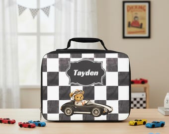 Personalized Teddy Bear Race Car Lunch Bag