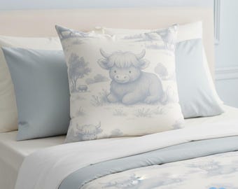 Highland Cow Nursery Pillow - Blue Farmhouse Decor
