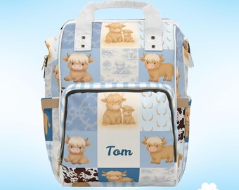 Personalized Highland Cow Diaper Bag - Blue Nursery Decor