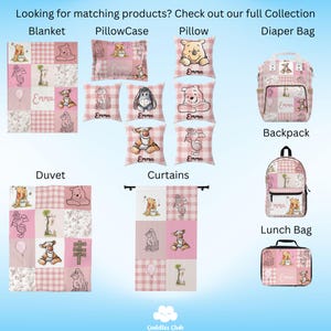 May include: A pink and white checkered bedding set with a Winnie the Pooh theme. The set includes a blanket, pillowcase, pillow, duvet, curtains, diaper bag, backpack, and lunch bag. The bedding features a variety of Winnie the Pooh characters, including Winnie the Pooh, Piglet, Tigger, and Eeyore. The bedding is personalized with the name "Emma".