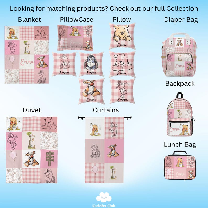 May include: A pink and white checkered bedding set with a Winnie the Pooh theme. The set includes a blanket, pillowcase, pillow, duvet, curtains, diaper bag, backpack, and lunch bag. The bedding features a variety of Winnie the Pooh characters, including Winnie the Pooh, Piglet, Tigger, and Eeyore. The bedding is personalized with the name "Emma".