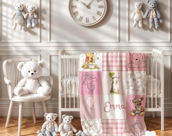 May include: Pink and white Winnie the Pooh baby blanket with a gingham pattern and various Winnie the Pooh characters. The blanket is personalized with the name "Emma".
