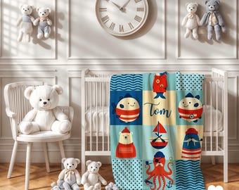 Personalized Nautical Baby Blanket - Under the Sea Ocean Crib Bedding