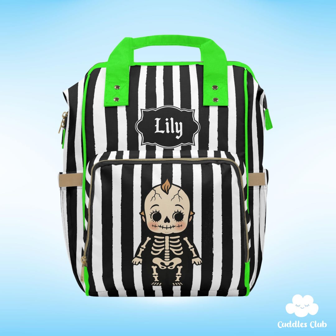 Personalized Goth Diaper Backpack - Skeleton Kewpie, Black Stripe