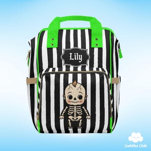 Personalized Goth Diaper Backpack - Skeleton Kewpie, Black Stripe