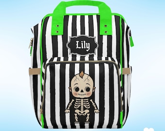 Mochila gótica personalizada para pañales - Kewpie esqueleto, rayas negras