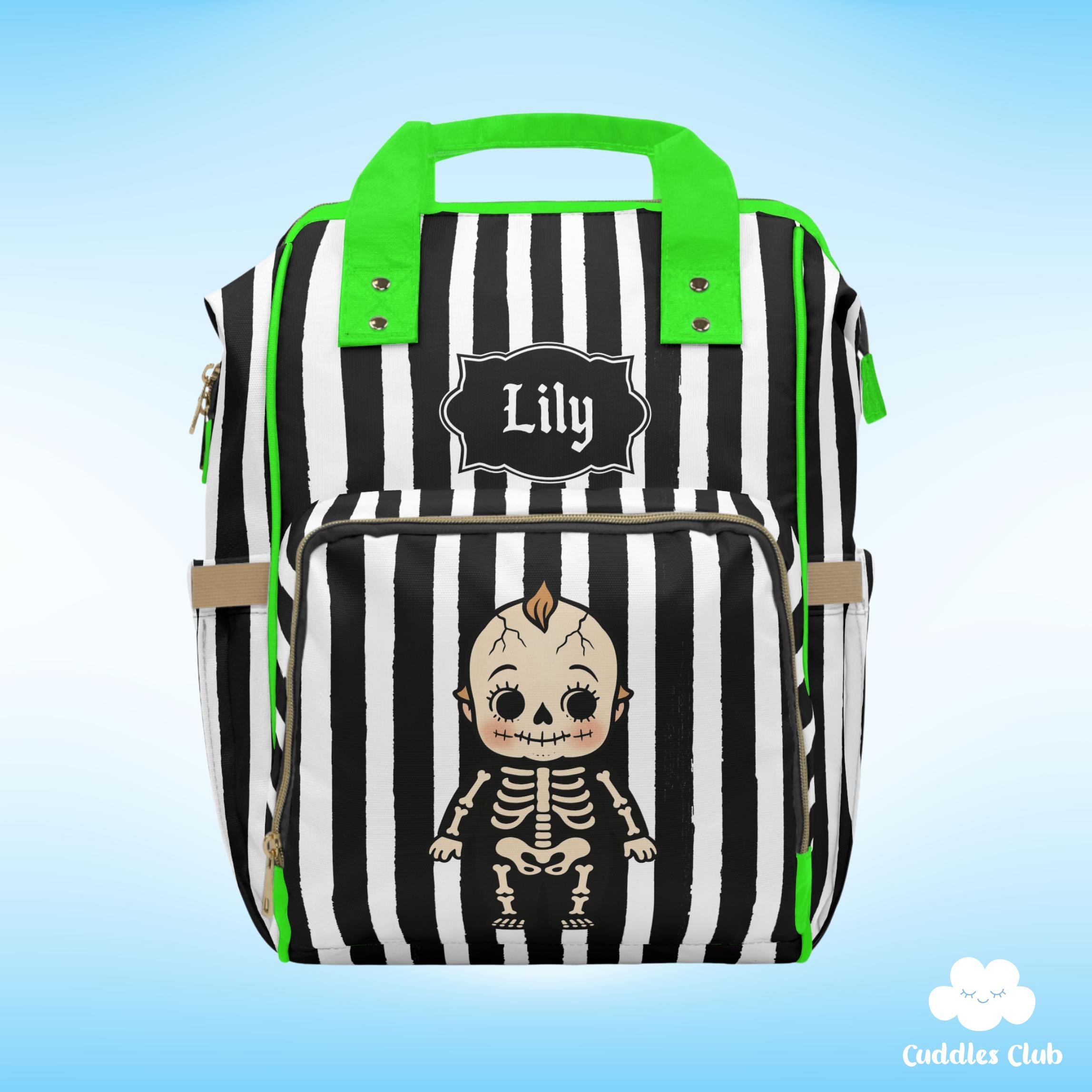 Personalized Goth Diaper Backpack - Skeleton Kewpie, Black Stripe