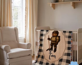 Cobertor de Hóquei Personalizado para Bebê - Decoração de Berçário com Ursinho de Pelúcia