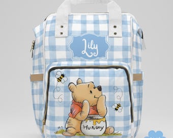 Personalized Pooh Diaper Backpack - Blue Nursery Bag
