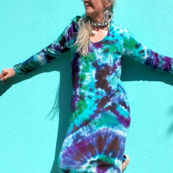 Boho NORTHERN LIGHTS Tie Dye Dress with Hood and Pockets