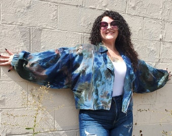 Upcycled Batwing Sleeve Denim jacket in Tie Dye