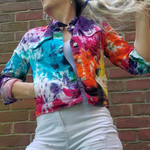 Tie Dye Crop Denim Jacket in Rainbow Galaxy