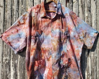 Ice Dye Linen Cotton Shirt, 4XL: Earthy Button-Front Short Sleeve