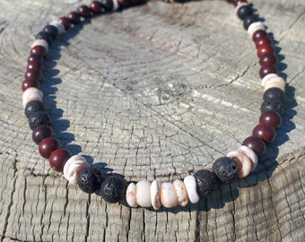 Cool Dude Surfer Necklace with Puka Shell, Lava & Wooden Beads