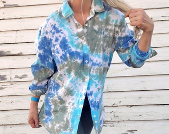 Casual Tie Dye Linen Cotton Shirt, Unisex