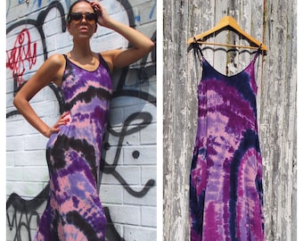 Purple Tie Dye Summer Dress with Pockets