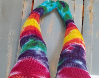 Hippie Rainbow Thigh High Socks, Funky Tie Dye