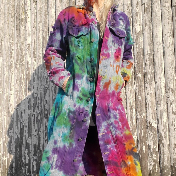 Veste en jean longue effet tie-dye RAINBOW GALAXY groovy