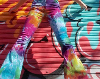 Rainbow Tie Dye Bell Bottom Jeans: High Waist Stretchy Denim