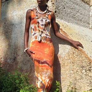 open lace back dress Tina's Tie-Dye Long Sleeve Maxi Bodycon Dress Orange / S by Blue Zone Planet main image 0