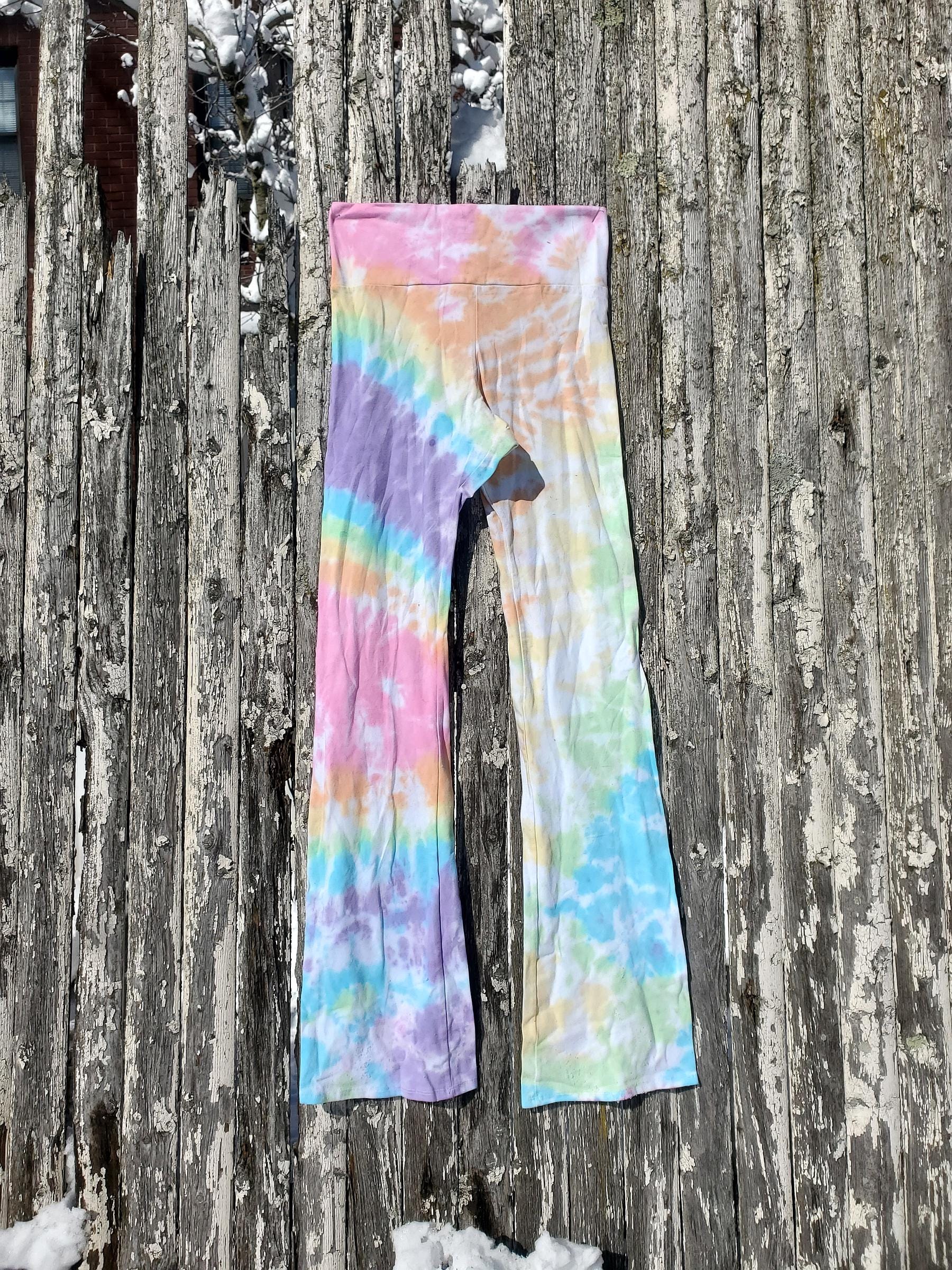 Hand Dyed Rainbow Tie Dye Yoga Pants, Flare Leg, Cotton Blend (Size L)