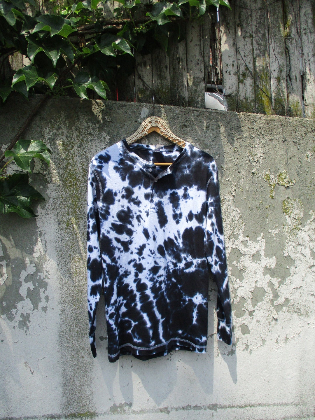 Black Tie Dye Henley Shirt, Cotton Etsy