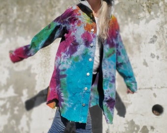 Long Hooded Denim Jacket in RAINBOW Tie Dye